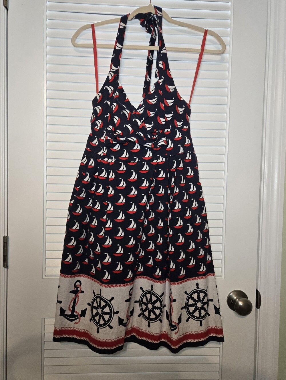 Anthropologie Windward Sz 6 Nautical Halter  Dress Pockets Zipper Red White Blue